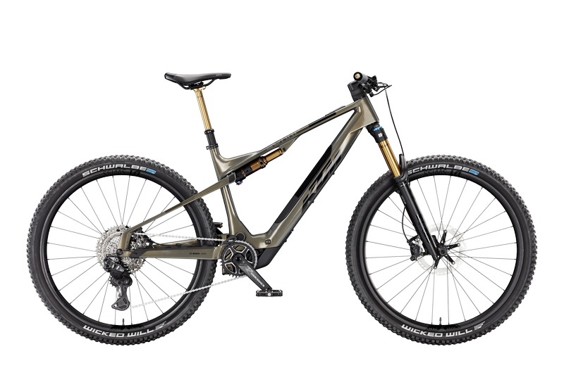 E-Mountain bike full suspended KTM Macina Scarp SX Prestige Di2 color verde oliva perlato e nero